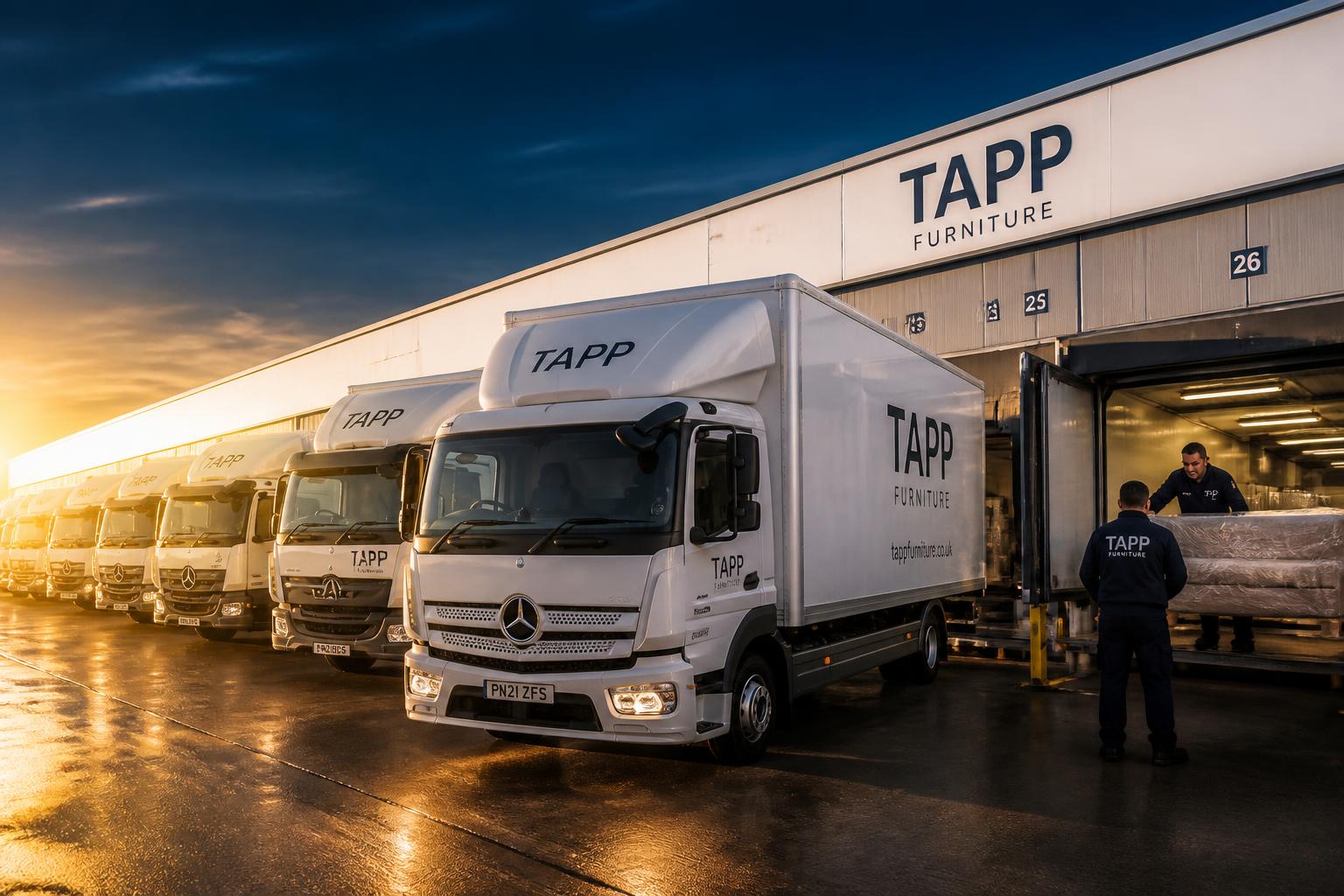 Fleet of B R 222 Logistics delivery vehicles at a UK distribution centre